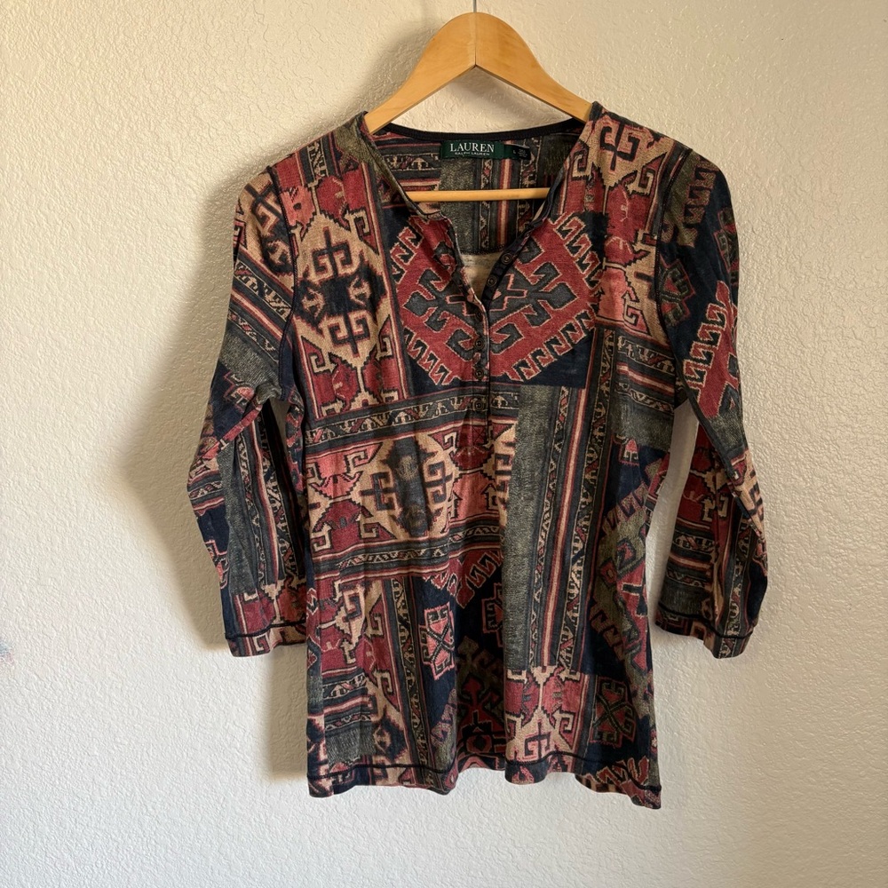 Ralph Lauren Aztec Print Henley Button Up 100% Cotton 3/4 Length Sleeve Shirt L - Picture 8 of 8